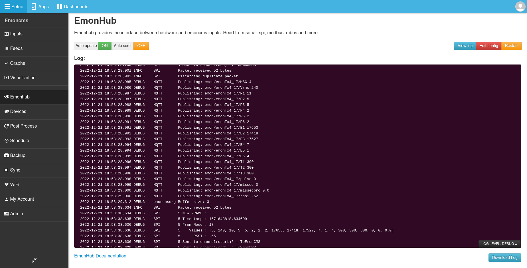 emonHub log